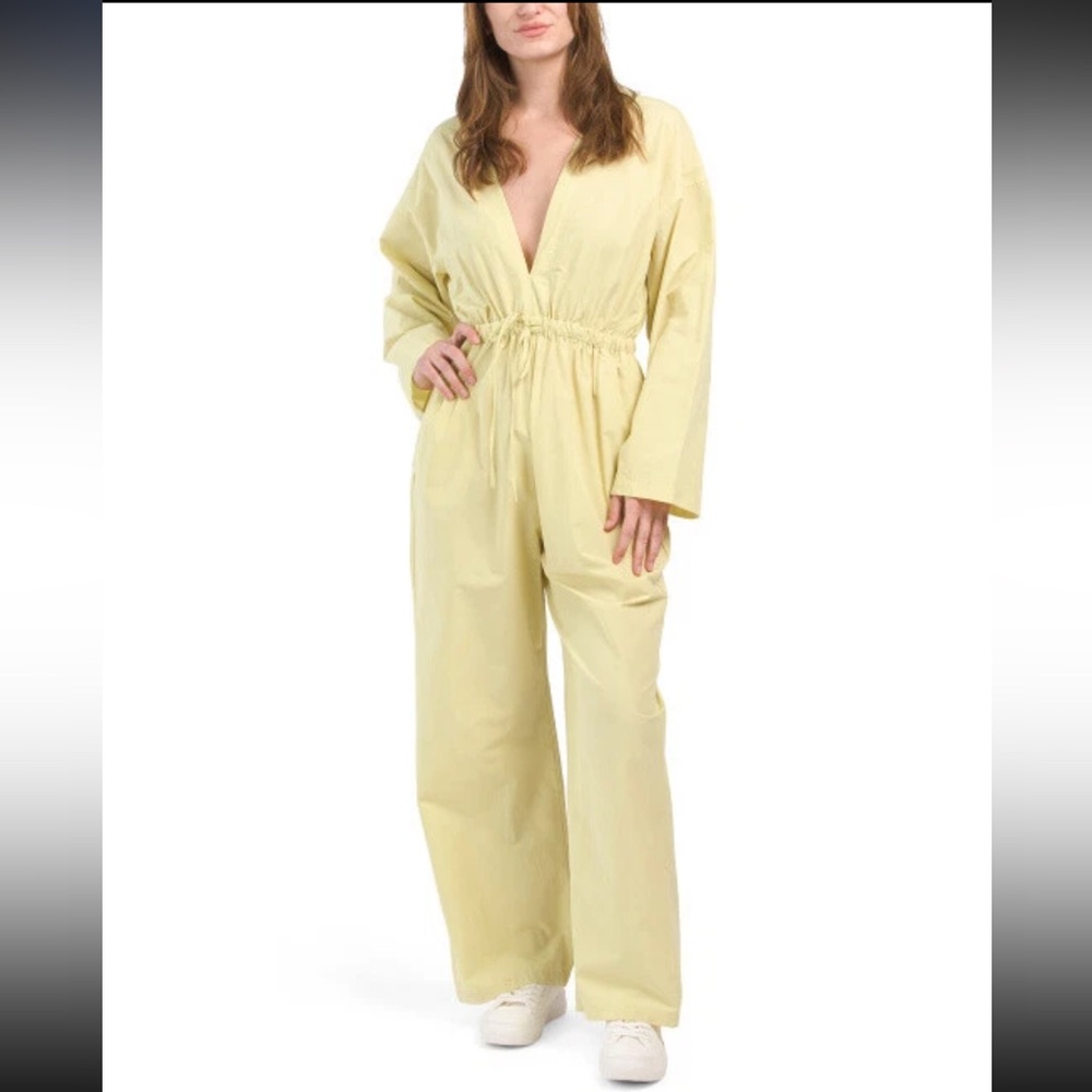Zara Yellow Cotton Wide Leg Jumpsuit XL – Deep V Kimono Sleeve Summer Romper